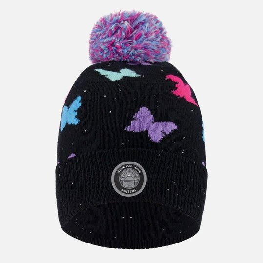 Deux par Deux - Lined Knit Pompom Hat Black Butterfly Pattern - Two Giraffes Children's Footwear