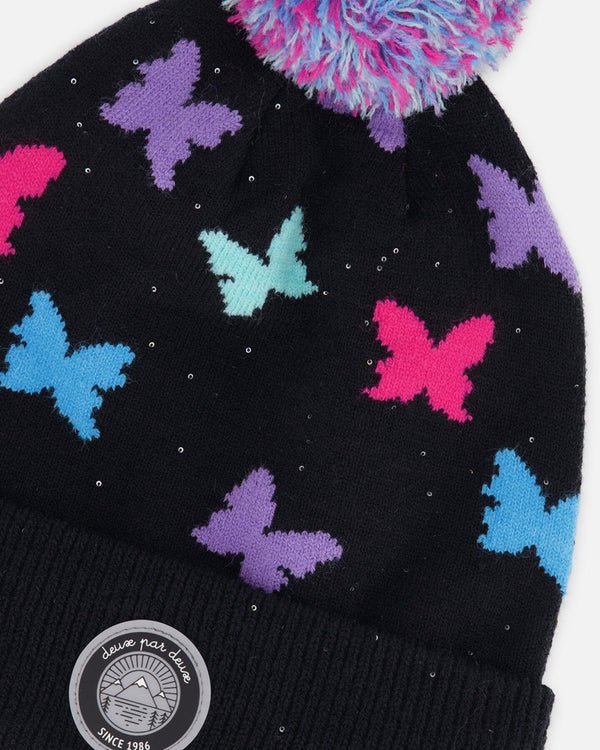 Deux par Deux - Lined Knit Pompom Hat Black Butterfly Pattern - Two Giraffes Children's Footwear