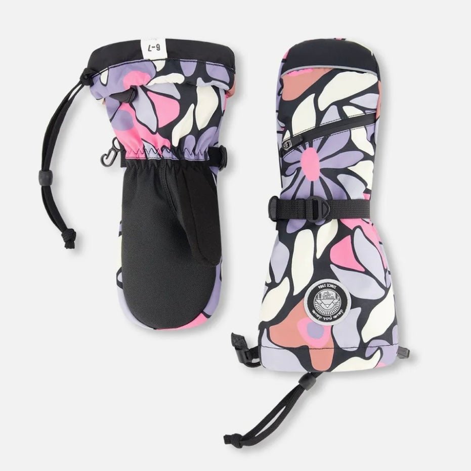Deux par Deux - Winter Mittens Teknik Black Retro Flower Print - Two Giraffes Children's Footwear