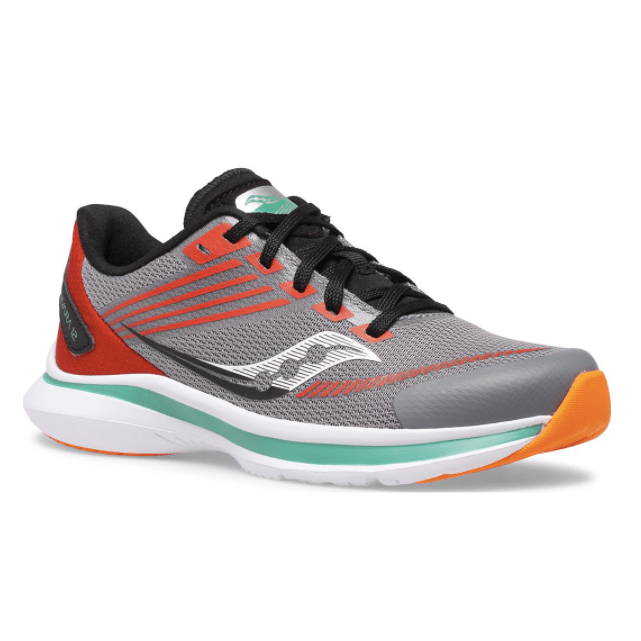 SAUCONY - Big Kid's Kinvara 12 Sneaker, Grey/Orange - Two Giraffes Children's Footwear